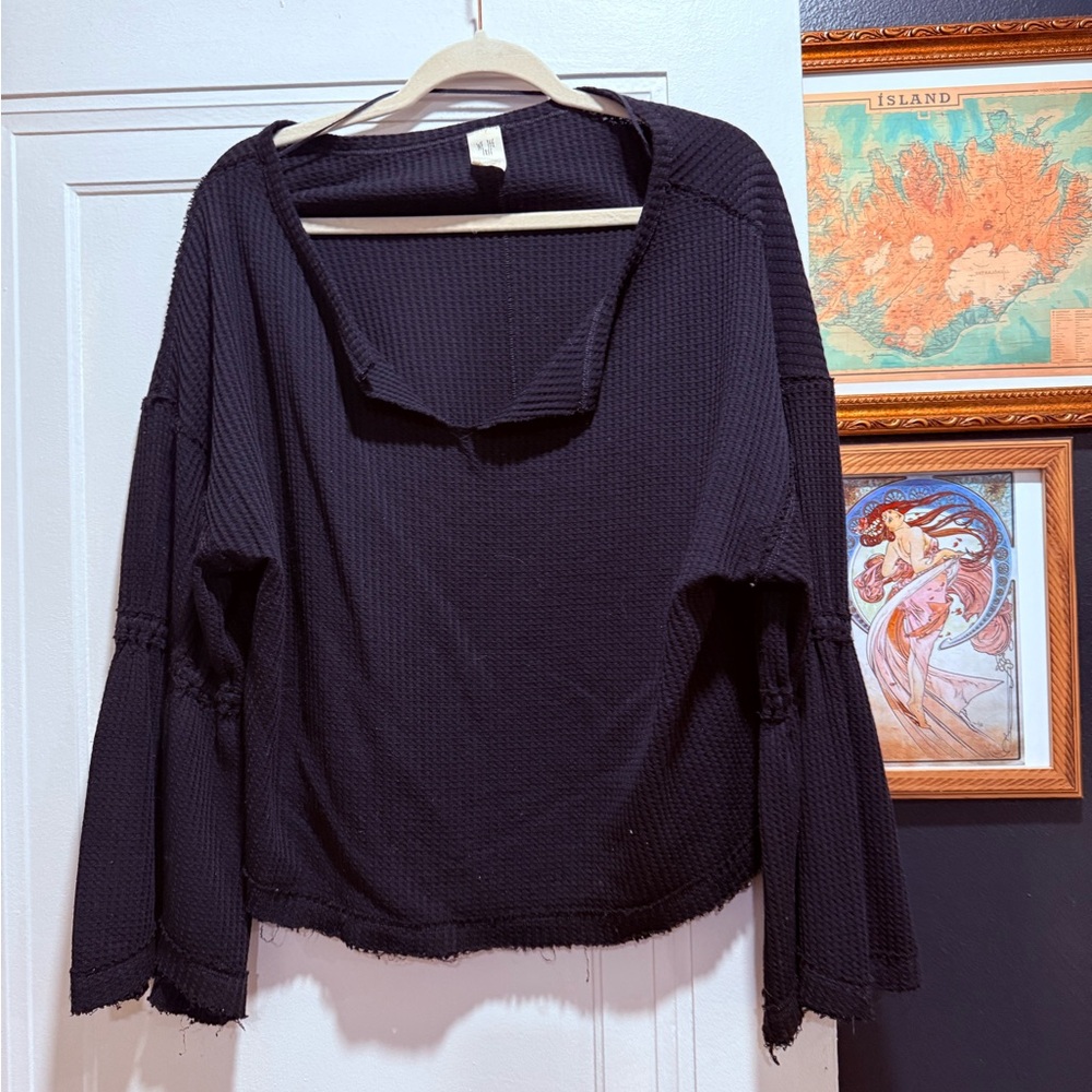 Free People Black Waffle Knit Blouse